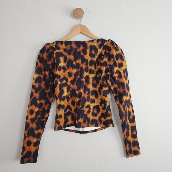 L'Agence Twisted V-Neck Leopard Print Puff Sleeve Blouse Brown Black XS NWT - Picture 6 of 9